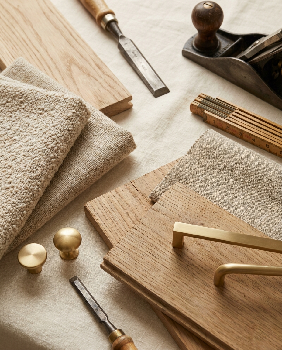 Oak, bouclé and brass materials in the Maison Quiroz atelier