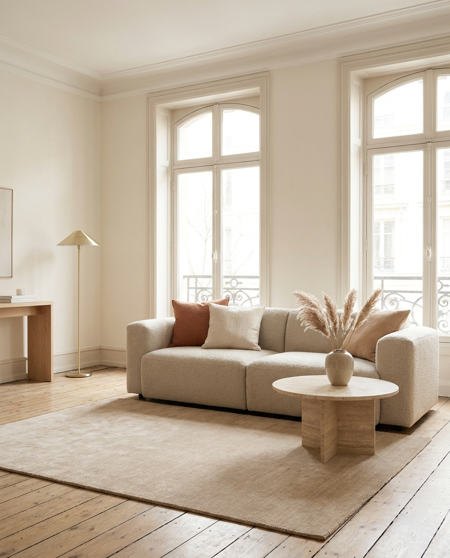 A warm, minimalist Parisian living room furnished by Maison Quiroz